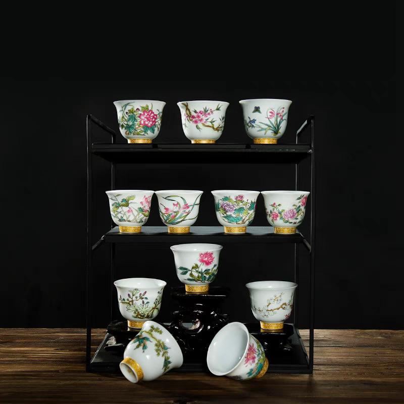 Kung Fu Tea Cup Twelve Flower Gods Set Enamel Pastel Ceramics 12 Pieces Gift Box Host’s Ceramics & Pottery Chinese Teaware Bar
