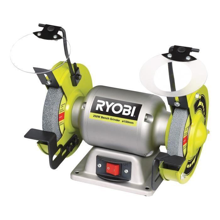 RYOBI - Touret à meuler 250 W + meule à ébavurer, meule de finition, 2 pare-éclats transparents et 2 porte-pièces - RBG6G1
