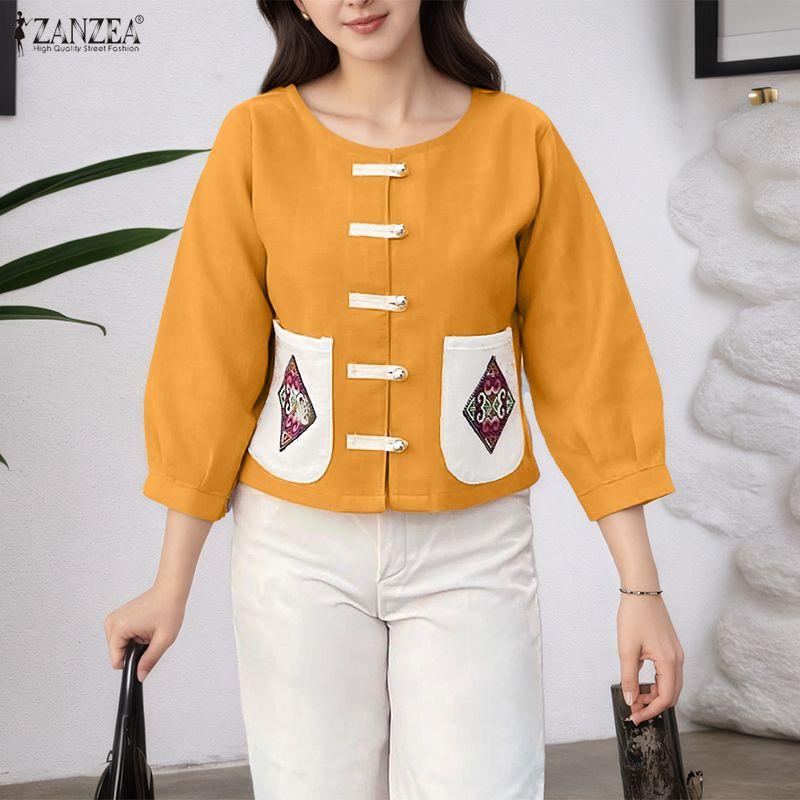 ZANZEA Women Casual Round Neck Patchwork Loose Summer 3/4 Sleeve Blouse