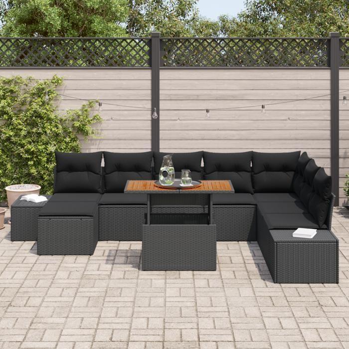VidaXL Set de salle à manger de jardin de 9 pièces avec coussins en poly rotin noir et acacia 3350002