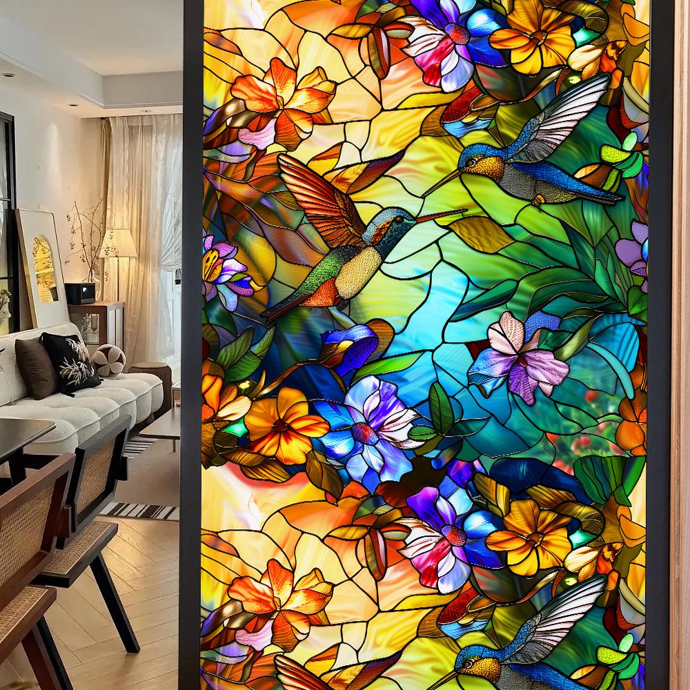 Colorful Retro Floral & Bird Static Cling Window Film - No Glue, Removable