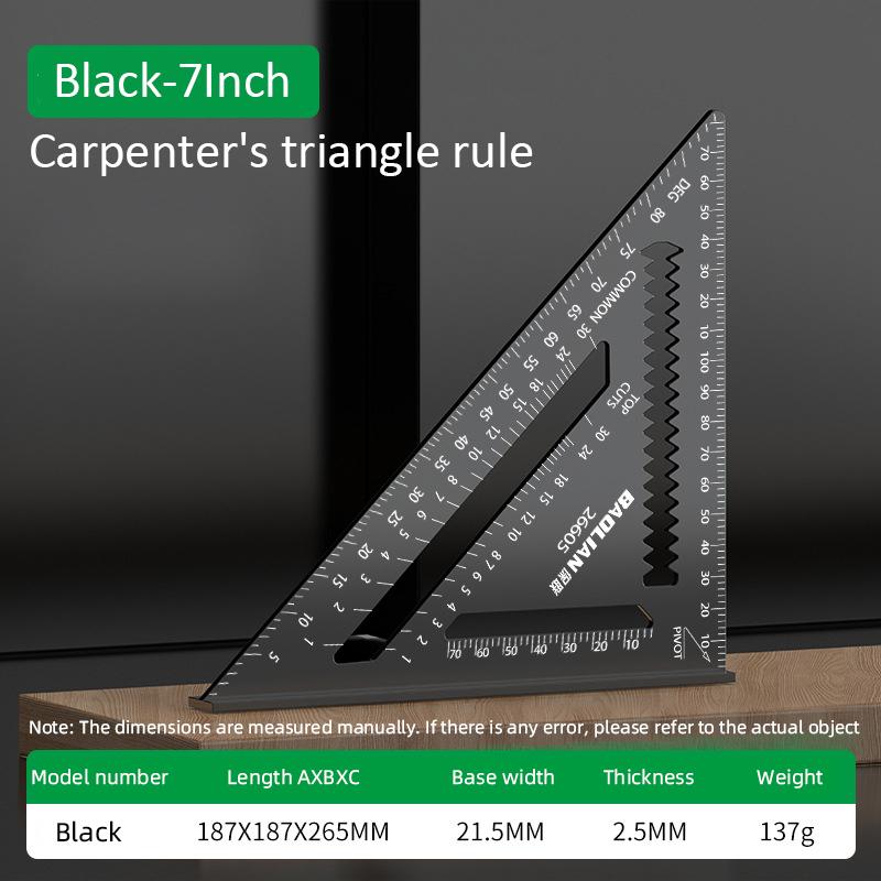 7/12Inch Triangle Ruler High-Precision 90 Degree Woodworking Angle Ruler Metric and Imperial Aluminium Alloy Woodworking Tools Black-7Inch