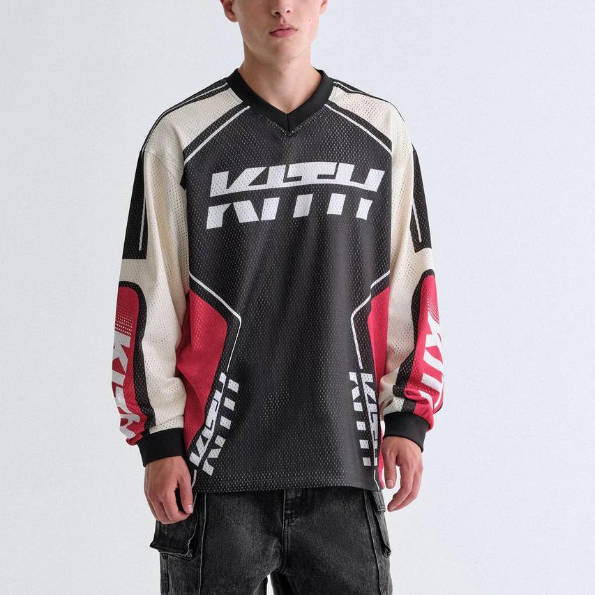 Kith FW25 Moto Mesh Donovan Fashion Letter V-Neck Long Sleeve T-Shirt Men Tops KHM033271-001