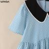 VONDA Summer Women Summer Laple Neck Splicing Polka Dot Short Sleeve Casual Blouse Tops