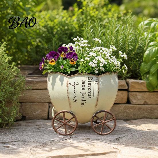 Office Desk Planter Retro Pumpkin Cart Planter, Decorative Metal Flowerpot with Drainage Hole, Stylish Unique Flower Pot Plant for Indoor Outdoor Home