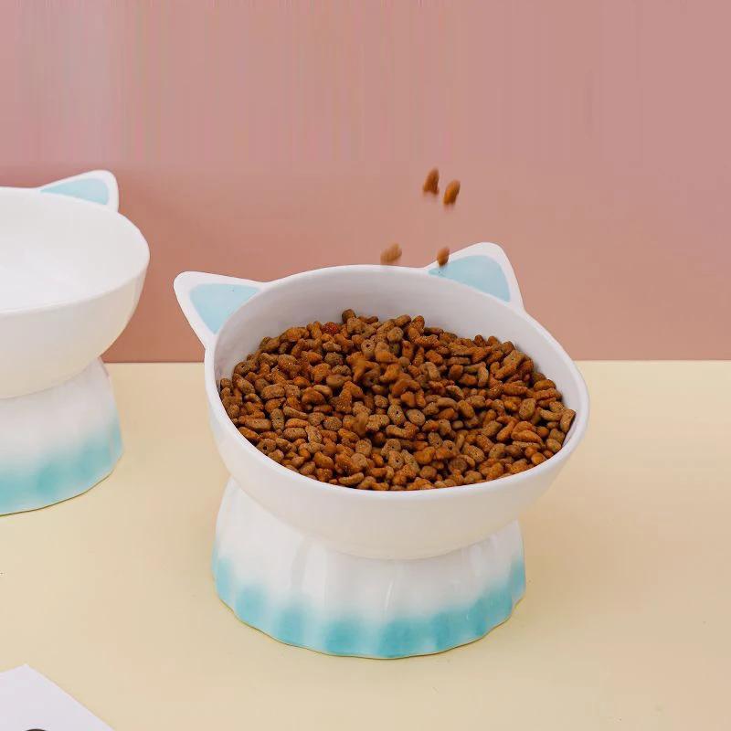 Cartoon Cute Ceramic Dog Cat Food Bowl, High Foot, Overturn Proof, Large Caliber, Neck Protection, Creative Pet Bowl, 1Pc