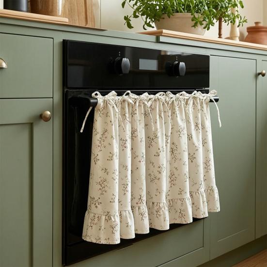 Oven Curtain, with Tie-Down Straps, Vintage Style, Easy Fastening Farmhouse Oven Door Ruffled Stove Skirt Curtain for Kitchen