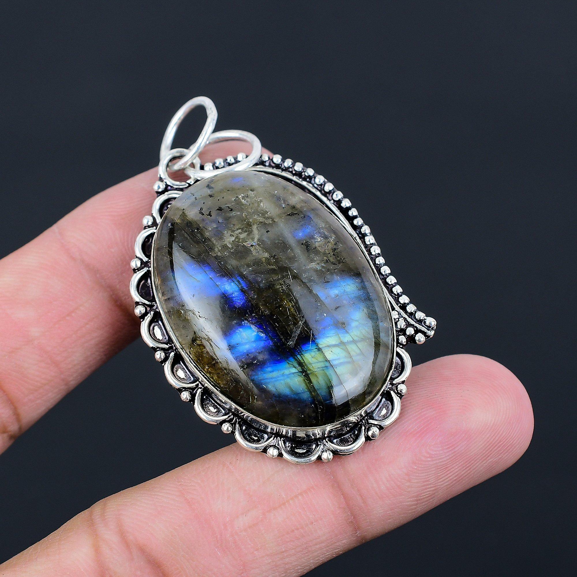 Oval Labradorite Gemstone Sterling Silver Artisan Bezel Sister Pendant Jewelry