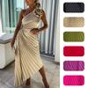 Women's One Shoulder Dress with Flower Detail Asymmetric Hem Pleated Midi Dress Multiple Colors