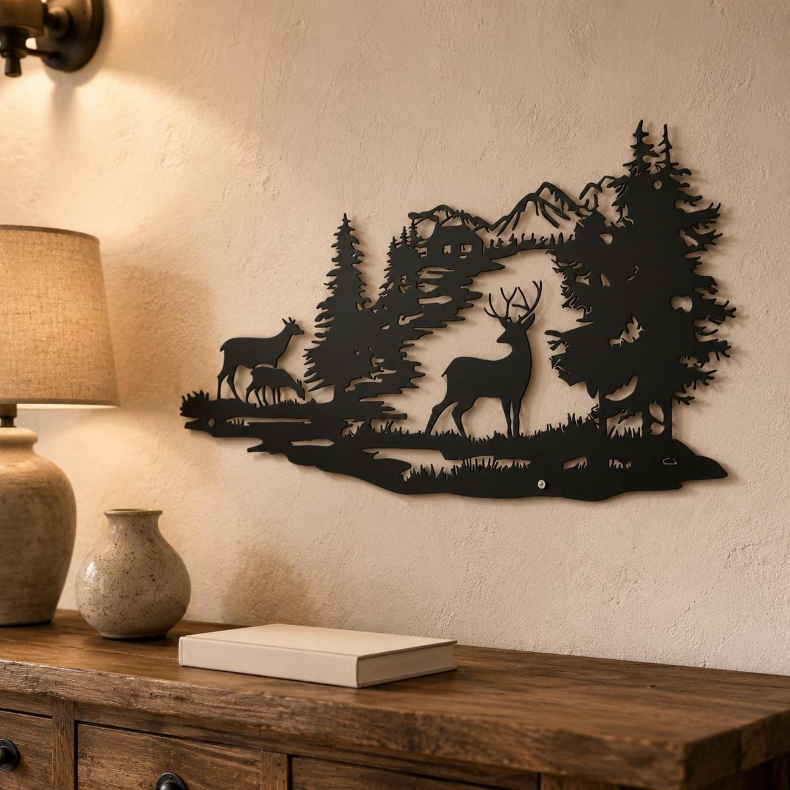 Wilderness Deer Wall Decoration Cutout Metal Silhouette Decor Conifer Tree