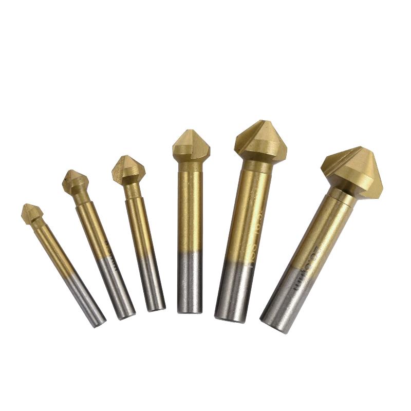 High-Speed Steel 6-Piece Set 3-Flute 90-Degree Angle Drill Bit Countersink Tool for Wood and Metal Deburring