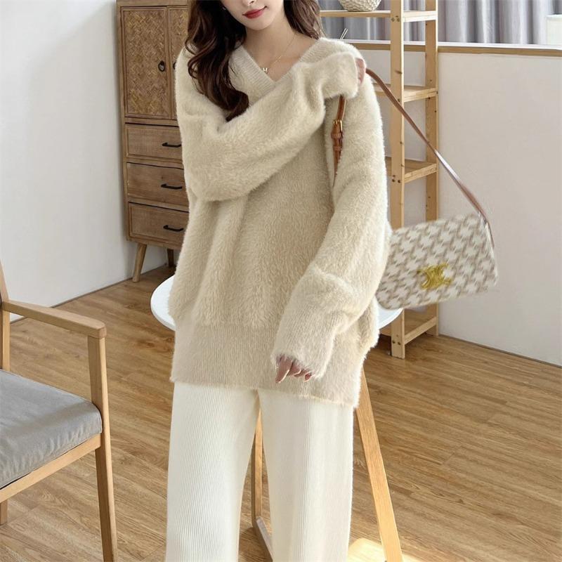 Milk wear imitation mink fleece collar soft waxy knitted sweater top women's autumn and winter new gentle wind sweater women's outer wear