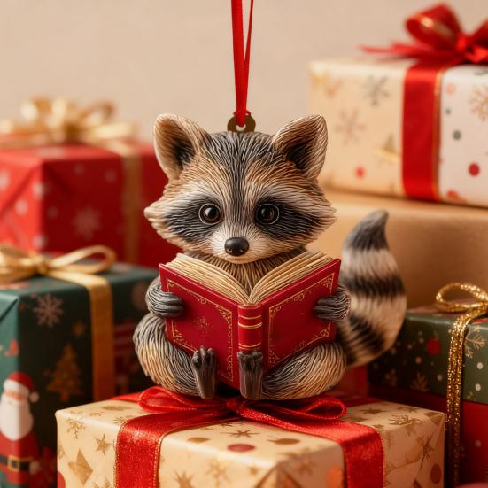 Cute Forest Fox/Raccoon Reading Ornament 2D Flat Acrylic Christmas Ornaments Woodland