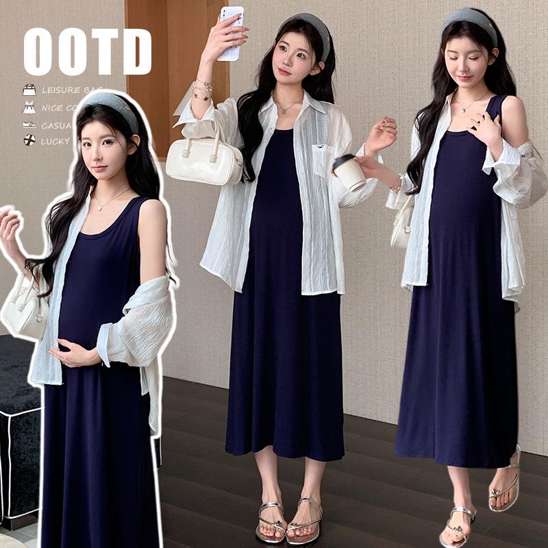 French Style Knit Maternity Summer Dress & Vest Set for Pregnant Mothers 2XL