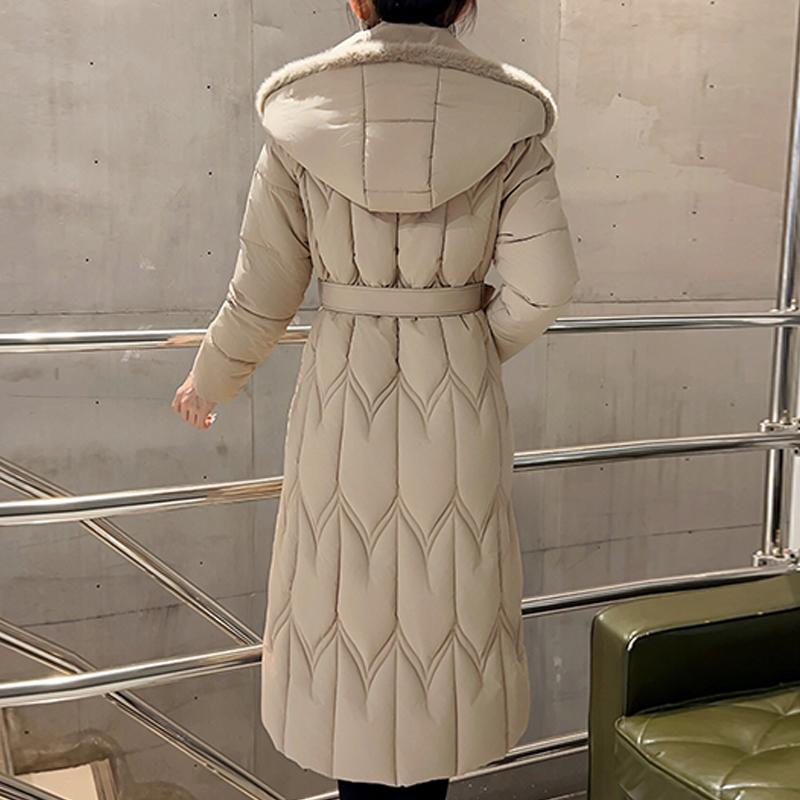 Plussstørrelse L-7XL Mote Vinterjakker Dame Lang Parkas Hette Løs Tykk Varm Overfrakk Casual Damekåper Med Belte