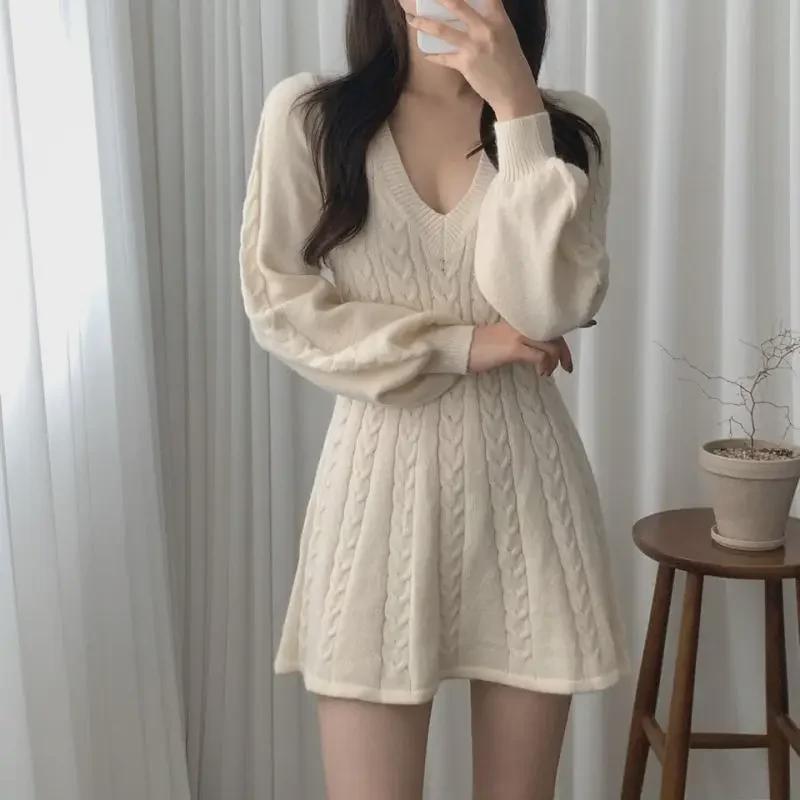 Korean Chic Lantern Sleeve V-Neck Knitted Sweater Dress