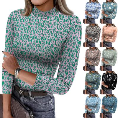 Women's Slim Bottom T-shirt Fashion Casual Gradient Printing Round Neck Pullover 3/4 Sleeve Top