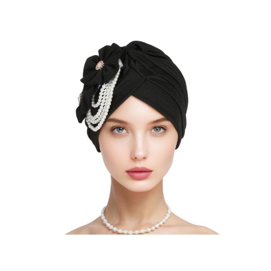 Women Headscarf Hat Imitation Pearls Flower Decor Turban Hat Solid Color Stretchable Fit Headband Sleep Hat