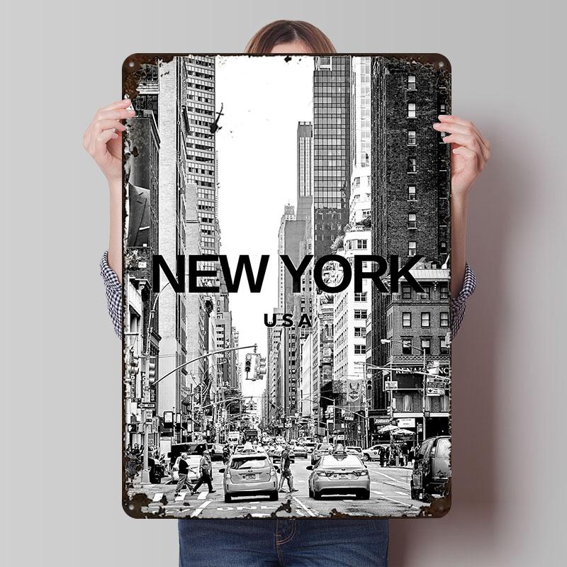 New York City Street Black and White Poster Customized Wall Art Vintage Metal Signs Retro Tin Plaque for Man Cave House Home