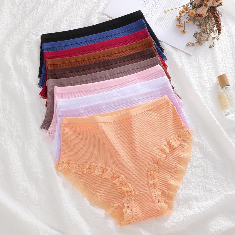 FINETOO 3Pcs/Set Women's Cotton Patchwork Lace Underwear Solid Color High Rise Ribbed Underpants Soft Breathable Panties Female Lingerie