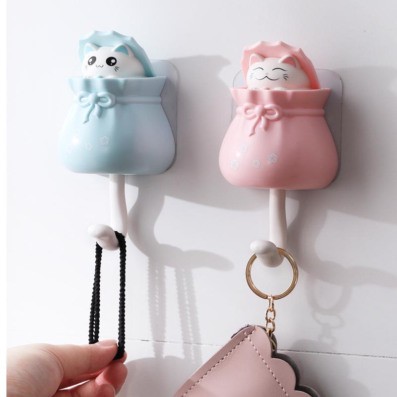 Creative Lucky Bag Cat Hook Non Punching Key Adhesive Decorative Hook Dynamic Decorative Hook for Clothes and Hats Wall Hooks
