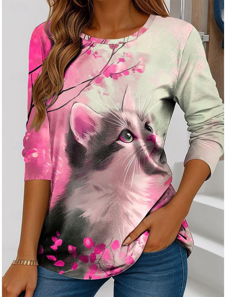 2025 Women's T-Shirts Floral Graphic Cat  Tee Fashion Stylish Long Sleeve T-shirts Crew Neck Regular Tops Summer Casual Pullover