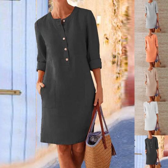 Women Dress Solid Color Pockets Summer Round Neck Long Sleeve Buttons Dress for Dating