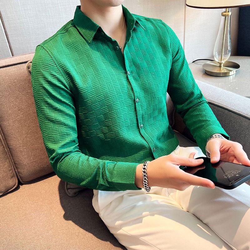 Korean Plaid Solid Color Shirts Spring Autumn Turn-down Collar Men's Clothing Single-breasted Stylish Jacquard Weave Slim Shirts