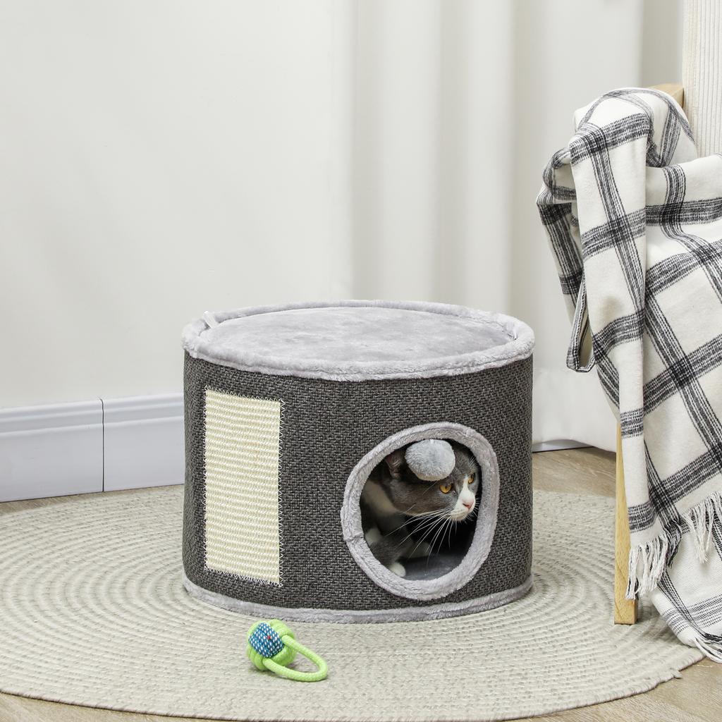 Cat Cave, 2 Levels, Cat House, Plush, Cushion, Sisal Scratching Board, Diameter 40 X 30H Cm, Dark Grey