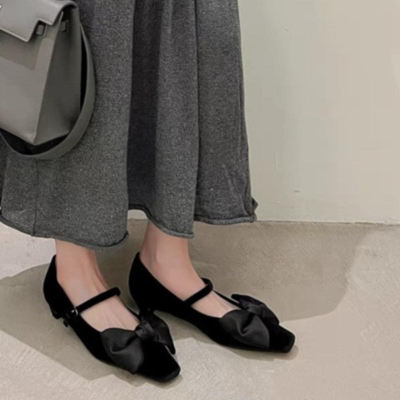 

Весенние новые туфли на грубом каблуке женские с квадратной головкой и неглубоким воротом с узлом-бабочкой и противоскользящими износостойкими высокими каблуками 39