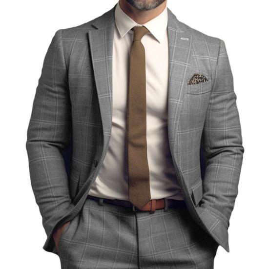 Men Suit Coat Formal Business Style Slim Fit Plaid Print Long Sleeve Single Button Closure Mid Length Straight Cardigan Work Office Coat