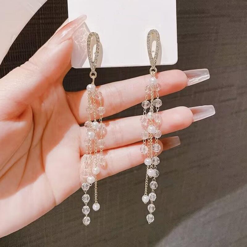 925 Silver Needle Geometric Pearl Earrings For Women Fashion Earrings Flowing Tassel Earrings Elegant Jewelry