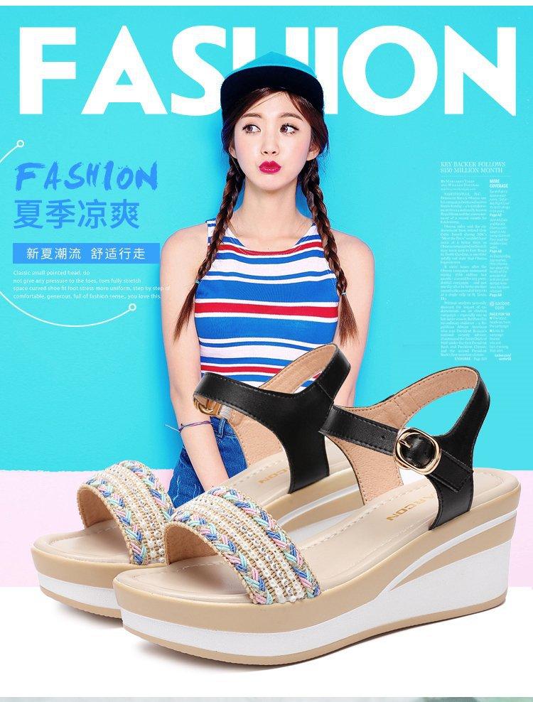 Platform Sandals Wedge Heel High Heel Platform Roman Muffin Shoes Sandals Round Head Rhinestone Bohemian Sandals