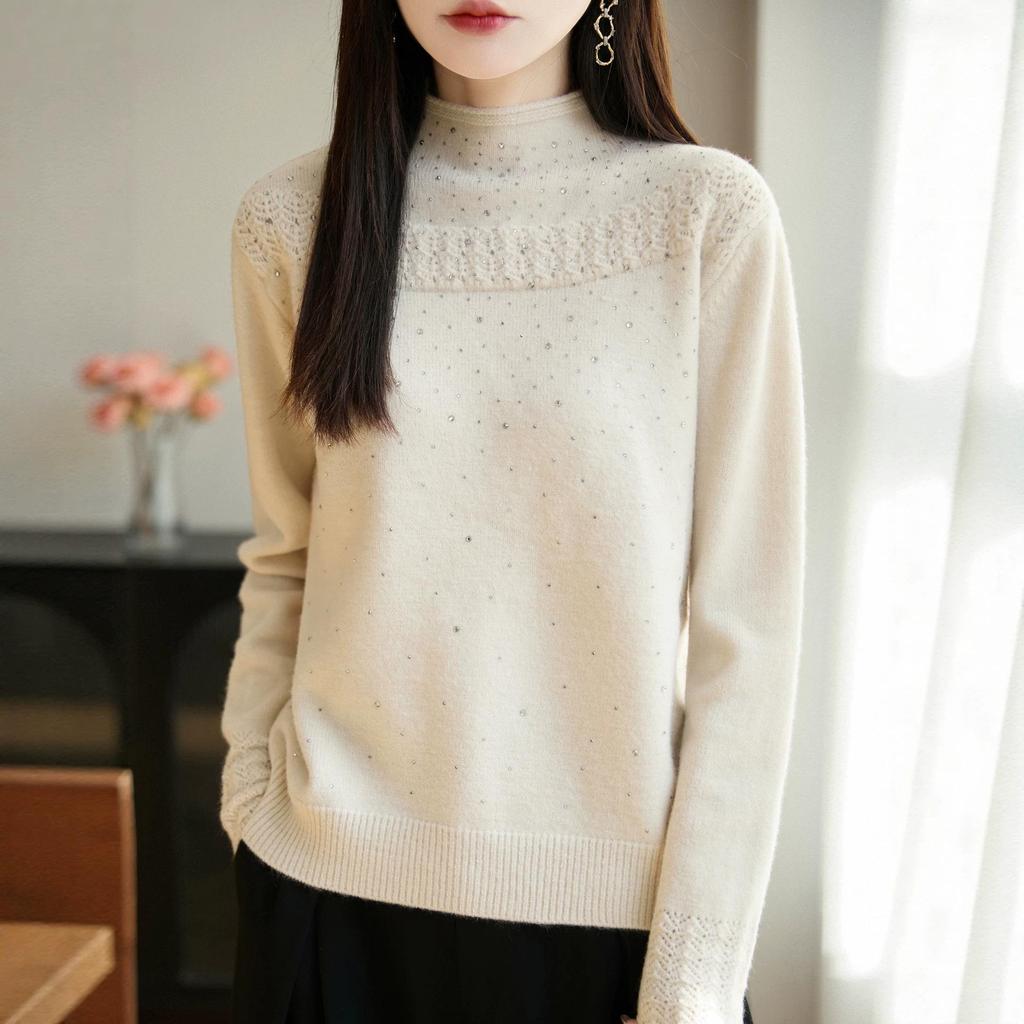 Elegant Rhinestone Embellished Crochet Sweater with Hollow-Out Design - Perfect for Autumn/Winter