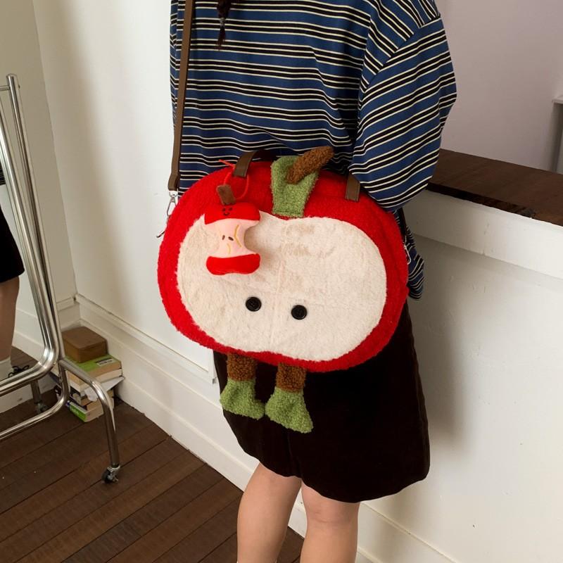 Kawaii Plush Apple Bag For Women Cute Cartoon Red Handbag Large Capacity Furry Tote Bag Multifunctional Crossbody Shoulder Bag
