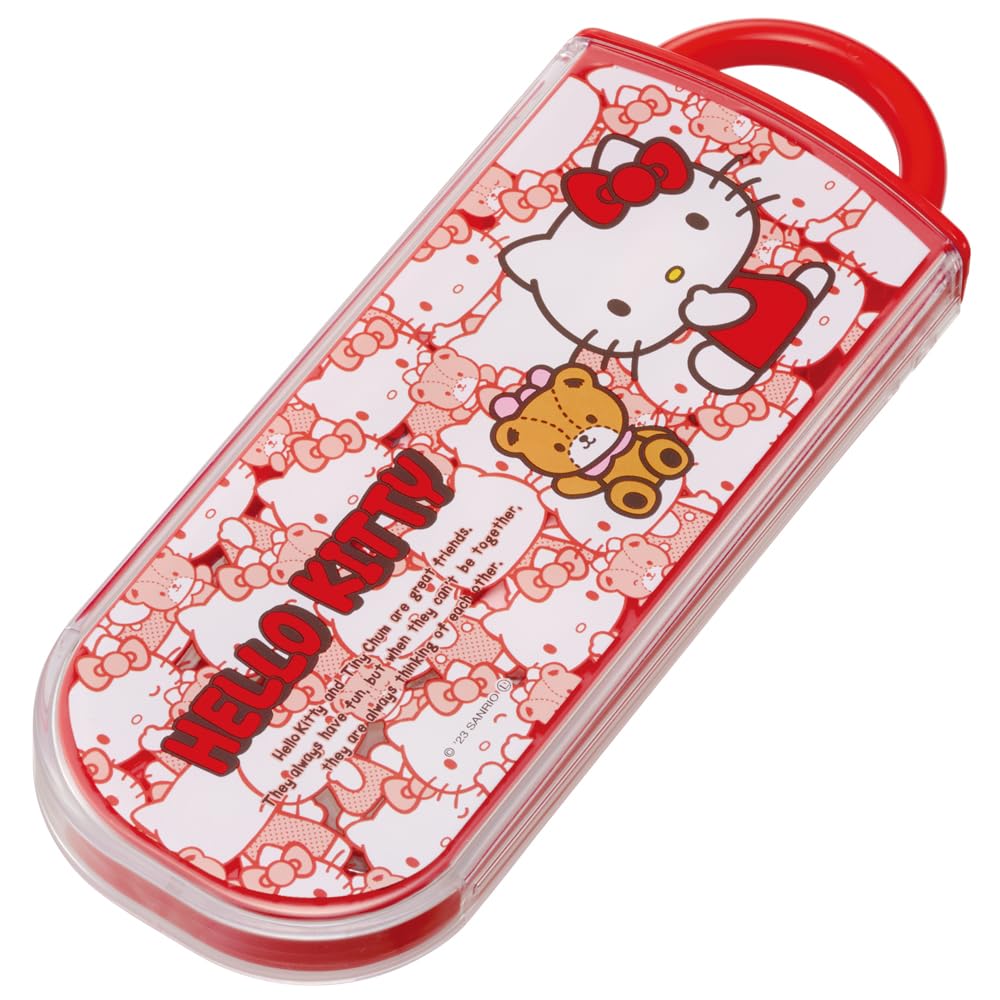 Skater Lunch Box Trio Set Hello For Made in Chopsticks, Spoon, Fork, Kitty, Ushirou-shiro, Sanrio, Children, Antibacterial, Easy-to-open Slide-type,