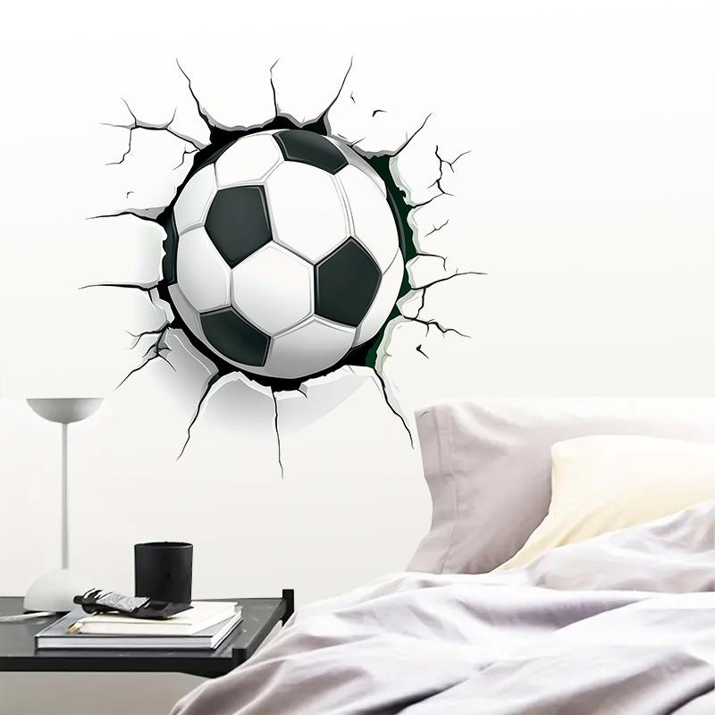 3D Breaking Through Wall Crack Soccer Football PVC Wall Sticker Self-Adhesive Removable for Kids Room Living Room Bedroom Sports Home Decor Art
