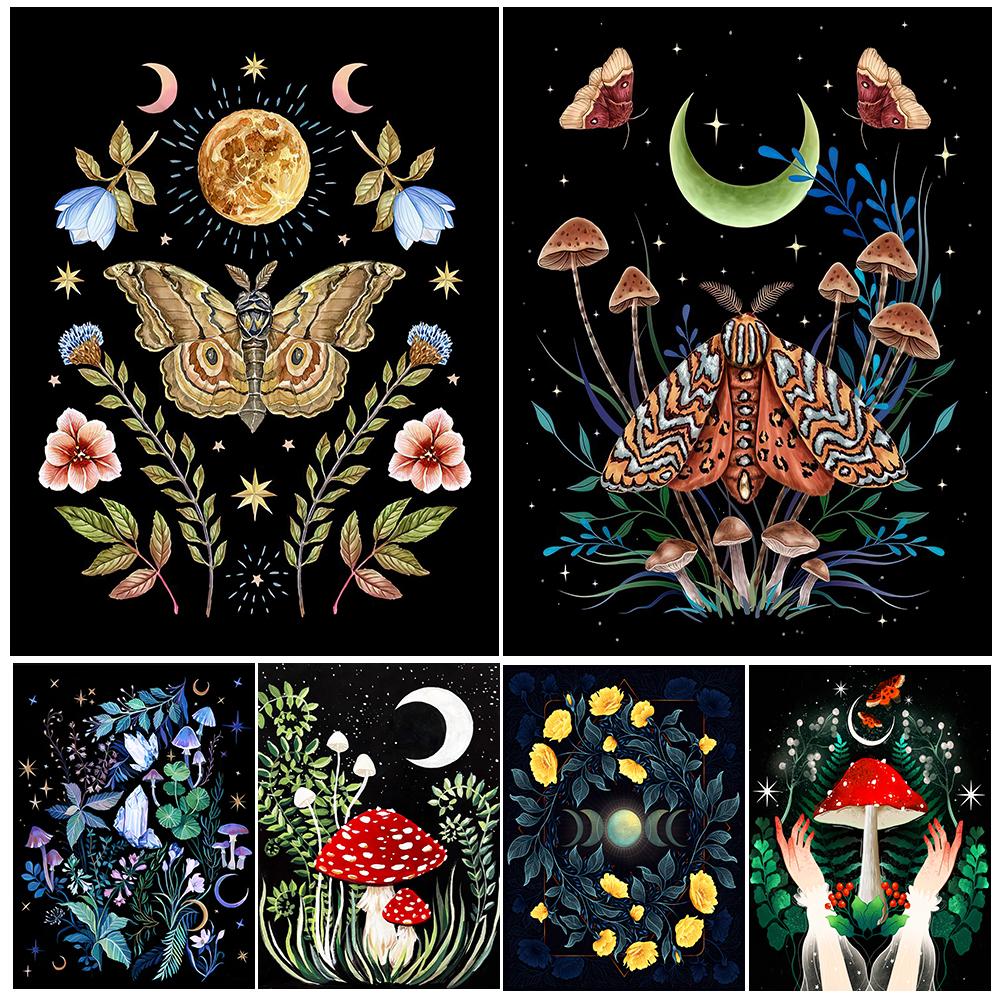 

Бабочка, психоделический гриб, луна, растения, цветы, настенное искусство, печать на холсте, Луна, Викка, колдовство, художественный постер, декор для печати (с рамкой)
