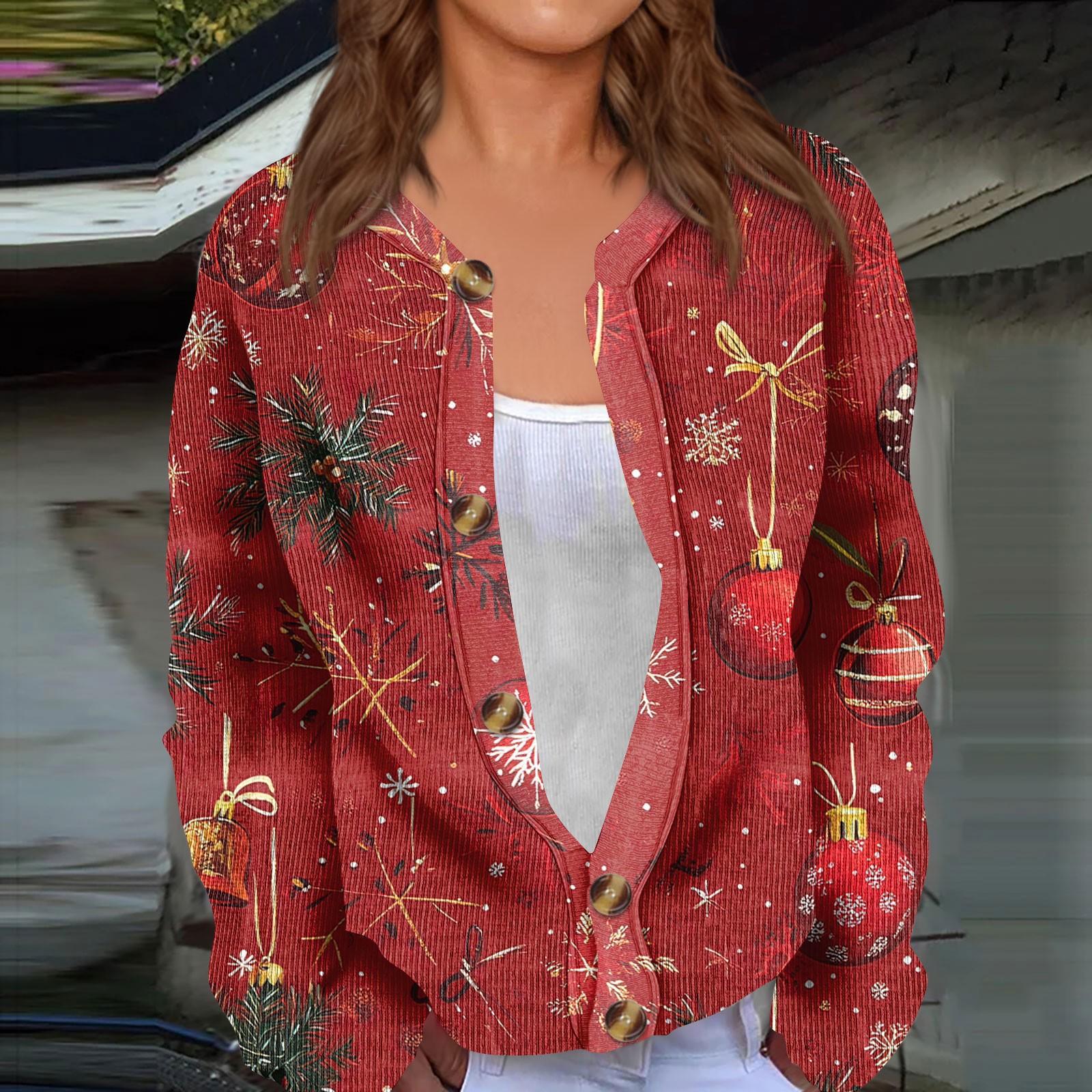 

Модный женский рождественский принт с длинным рукавом вязаный кардиган куртка на пуговицах M киноварь