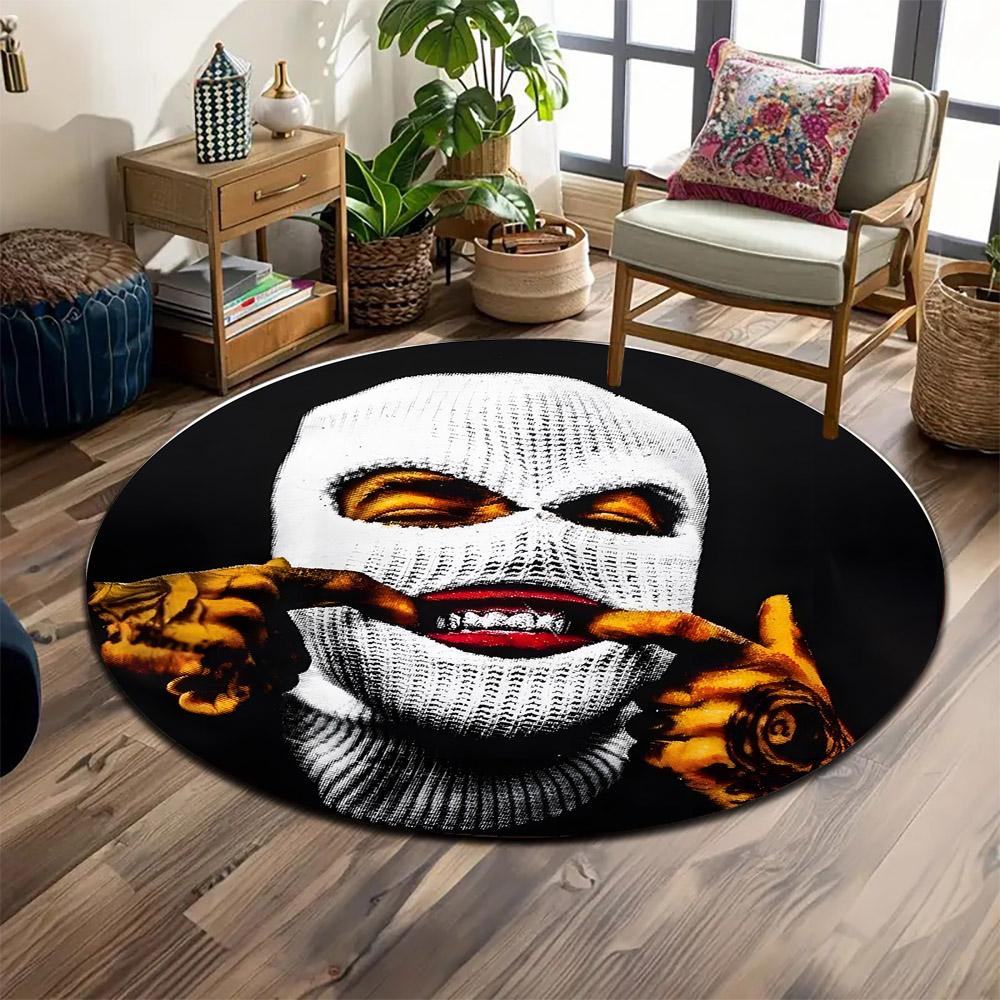 White Masked Face with Smiling Teeth Print round rug, living room, bedroom, playroom carpet, non slip floor mat, gift
