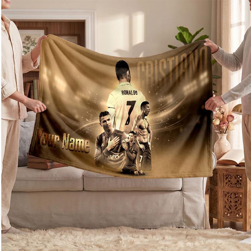 Coperta Personalizzata in Pile Cristiano Ronaldo con Logo Calcio, Testo Nome Personalizzato Morbida Calda Coperta da Divano per la Casa