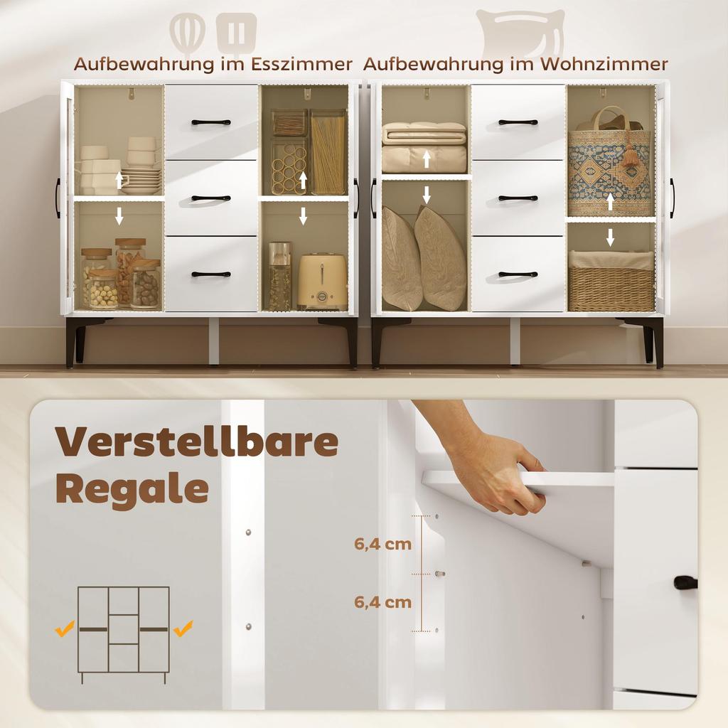 Modern Sideboard with Soft-Close Doors, Buffet Cabinet with 3 Drawers, 2 Glass Doors, Adjustable Shelves, MDF, White