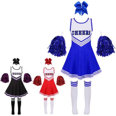 Kids Girls Cheerleading Uniform Set Sleeveless Carnival Party Dance Dress with Hand Flowers Socks Halloween Fancy Dress Up