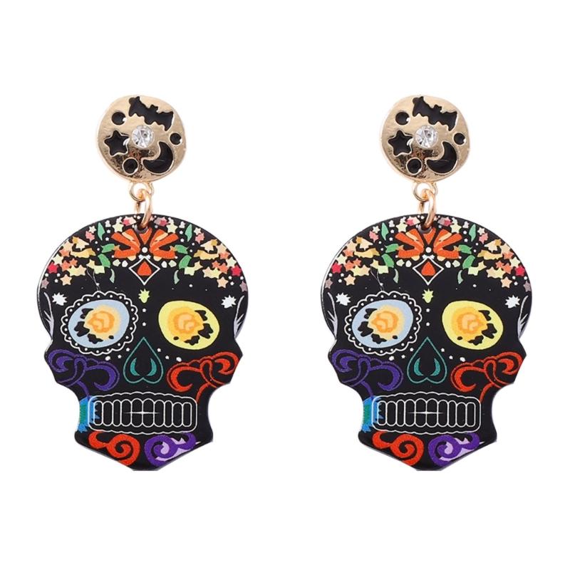 Halloween Acrylic Skull Drop Dangle Earrings Pair, Statement Jewelry for Party Outfits, Costume Wear and Seasonal Styling