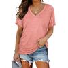 GMXIA Women's Solid Color Bat-sleeve Side Pleated V-neck Short-sleeved T-shirt