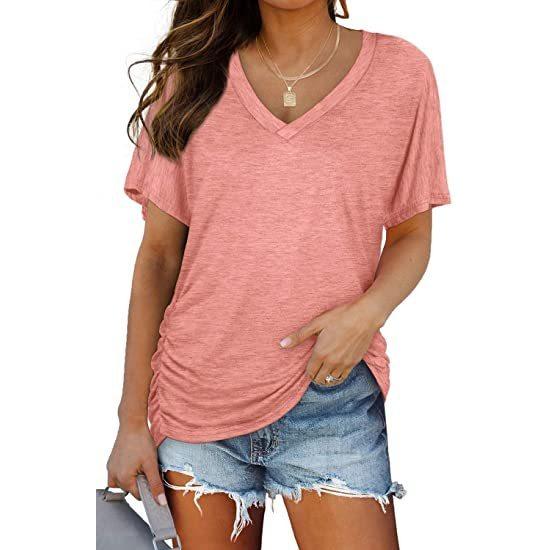 GMXIA Women's Solid Color Bat-sleeve Side Pleated V-neck Short-sleeved T-shirt