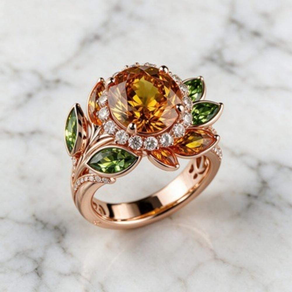 Plant Female Yellow Green White Zircon Stone Engagement Flower Ring Vintage Rose Gold Color Wedding Fashion Jewelry For Women