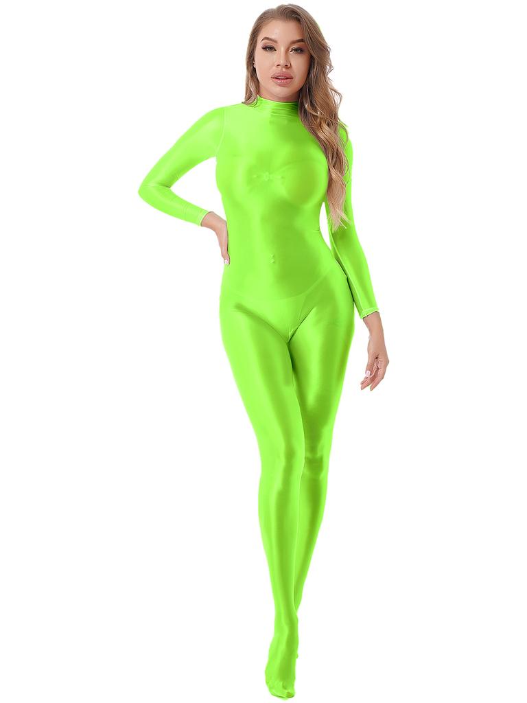 Womens Mock Neck Zipper Back Bodystocking Glossy Full Body Long Sleeve Sportswear Nightwear