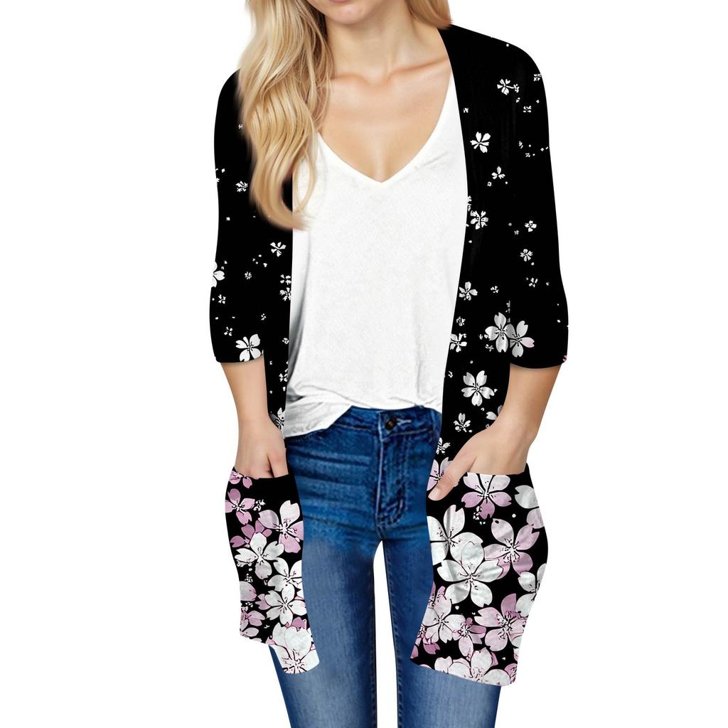 Women's Fashion Loose Casual Pocket Printed Cardigan Seven Sleeve Jacket Top