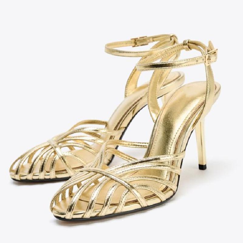 Fashion Elegant Gold Narrow Band Designer Brand Pumps Women Sexy Hollow Ankle Buckle Heel Sandals Fashion Banquet Dress Zapatos De Mujer